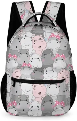 Hippo Backpack for Kids Girls Boys School, 16 Inches Cute Hippo Theme Bookbag, Adjustable, Lightweight, Large Capacity, Colorful Hippo Backpack for School