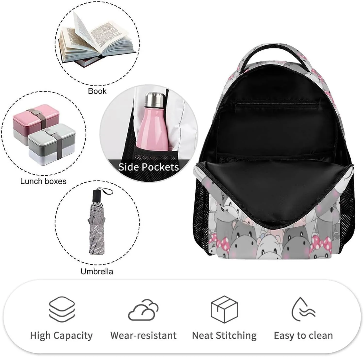 Hippo Backpack for Kids Girls Boys School, 16 Inches Cute Hippo Theme Bookbag, Adjustable, Lightweight, Large Capacity, Colorful Hippo Backpack for School