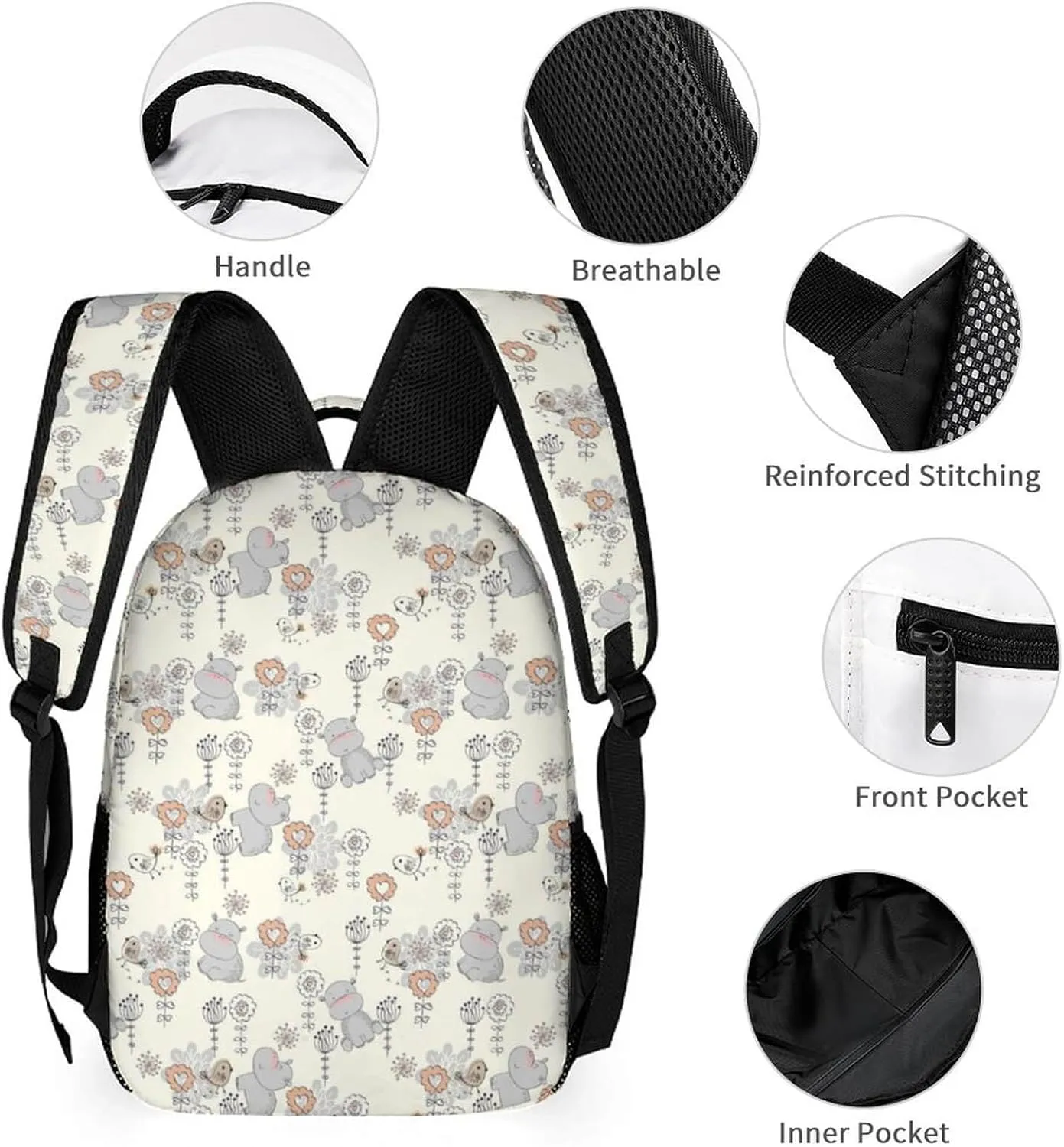 Hippo Backpack for Kids Girls Boys School, 16 Inches Cute Hippo Theme Bookbag, Adjustable, Lightweight, Large Capacity, Colorful Hippo Backpack for School