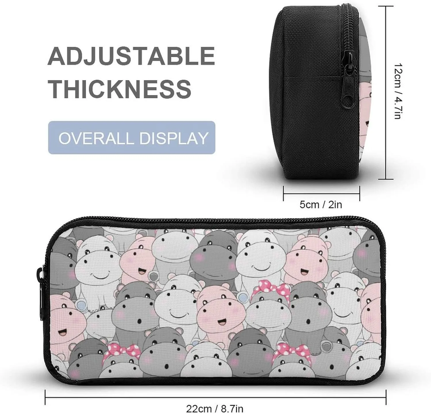 Hippo Backpack with Lunch Box & Pencil Case, 16 Inch Cute Hippo Themed Bookbag, Adjustable Lightweight Large Capacity, Colorful Hippo Backpack Set for Kids Girls Boys School