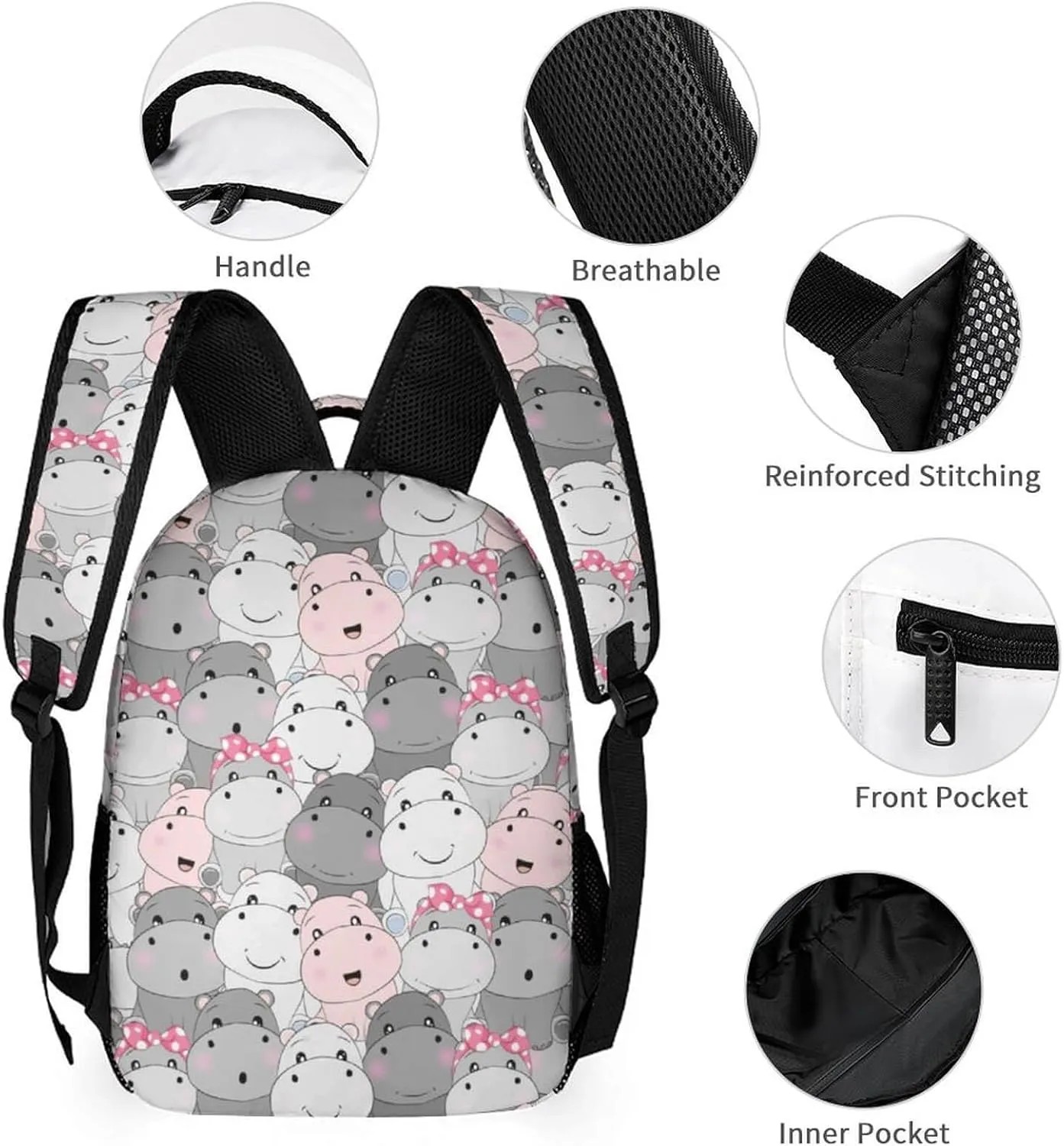 Hippo Backpack with Lunch Box & Pencil Case, 16 Inch Cute Hippo Themed Bookbag, Adjustable Lightweight Large Capacity, Colorful Hippo Backpack Set for Kids Girls Boys School