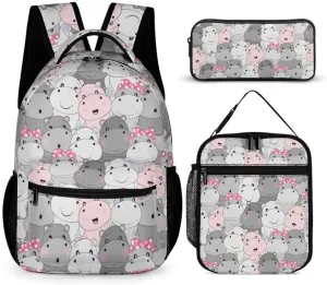 Hippo Backpack with Lunch Box & Pencil Case, 16 Inch Cute Hippo Themed Bookbag, Adjustable Lightweight Large Capacity, Colorful Hippo Backpack Set for Kids Girls Boys School