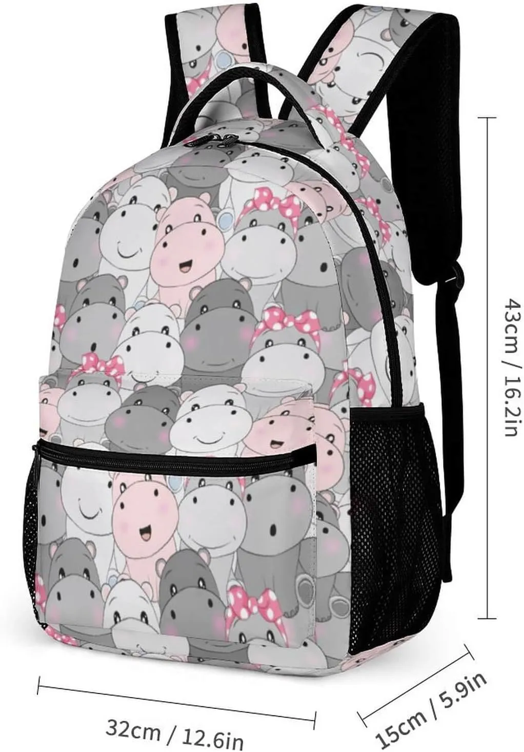 Hippo Backpack with Lunch Box & Pencil Case, 16 Inch Cute Hippo Themed Bookbag, Adjustable Lightweight Large Capacity, Colorful Hippo Backpack Set for Kids Girls Boys School