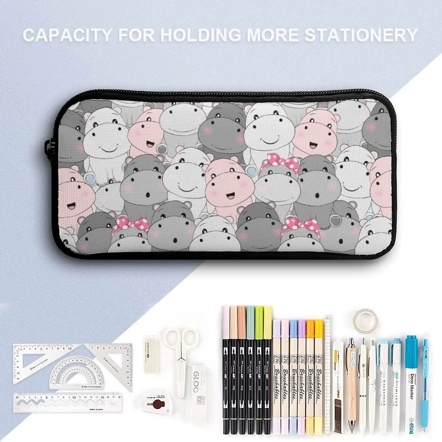 Hippo Backpack with Lunch Box & Pencil Case, 16 Inch Cute Hippo Themed Bookbag, Adjustable Lightweight Large Capacity, Colorful Hippo Backpack Set for Kids Girls Boys School
