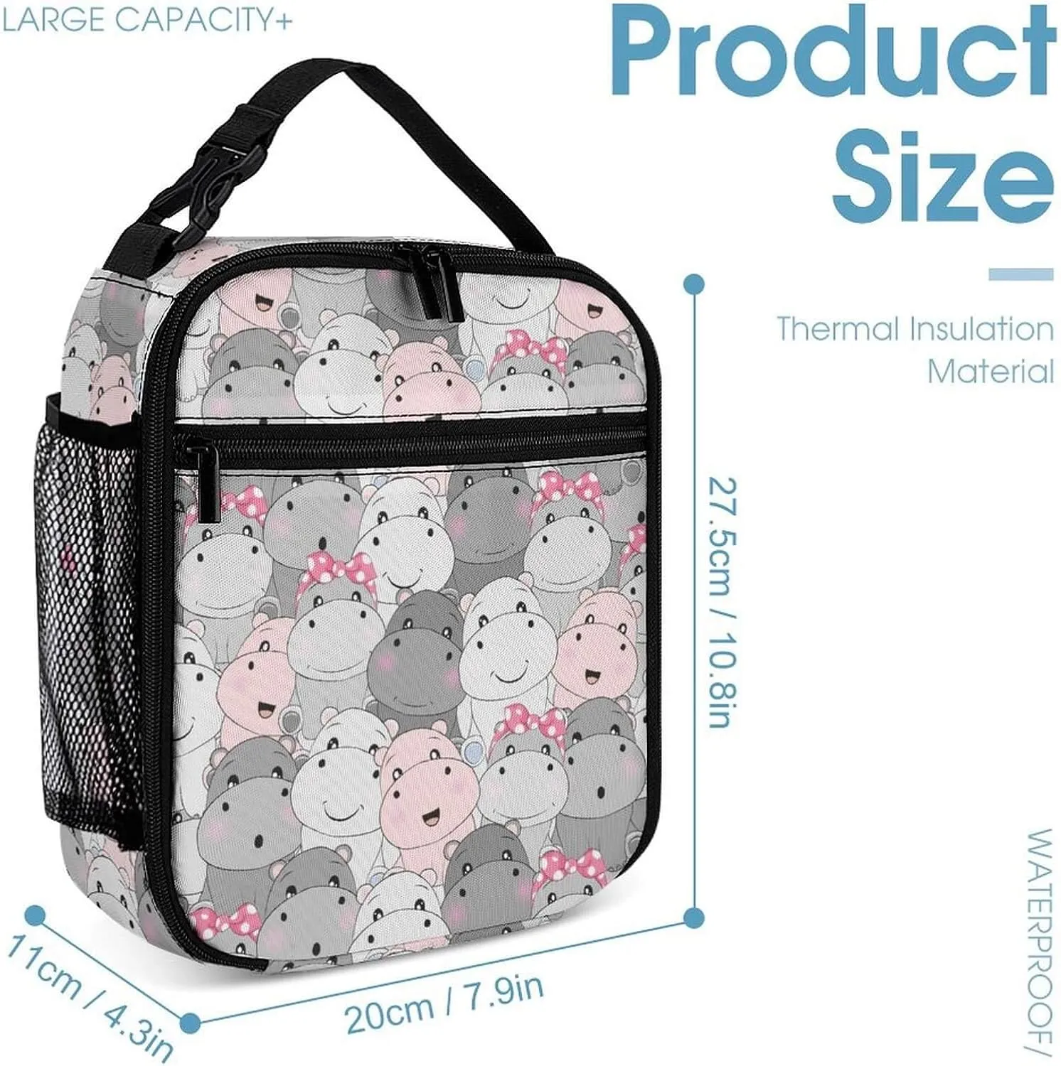Hippo Backpack with Lunch Box & Pencil Case, 16 Inch Cute Hippo Themed Bookbag, Adjustable Lightweight Large Capacity, Colorful Hippo Backpack Set for Kids Girls Boys School