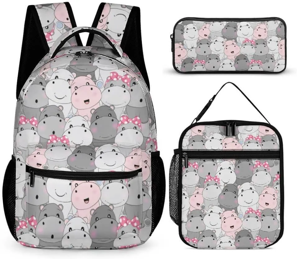 Hippo Backpack with Lunch Box & Pencil Case, 16 Inch Cute Hippo Themed Bookbag, Adjustable Lightweight Large Capacity, Colorful Hippo Backpack Set for Kids Girls Boys School