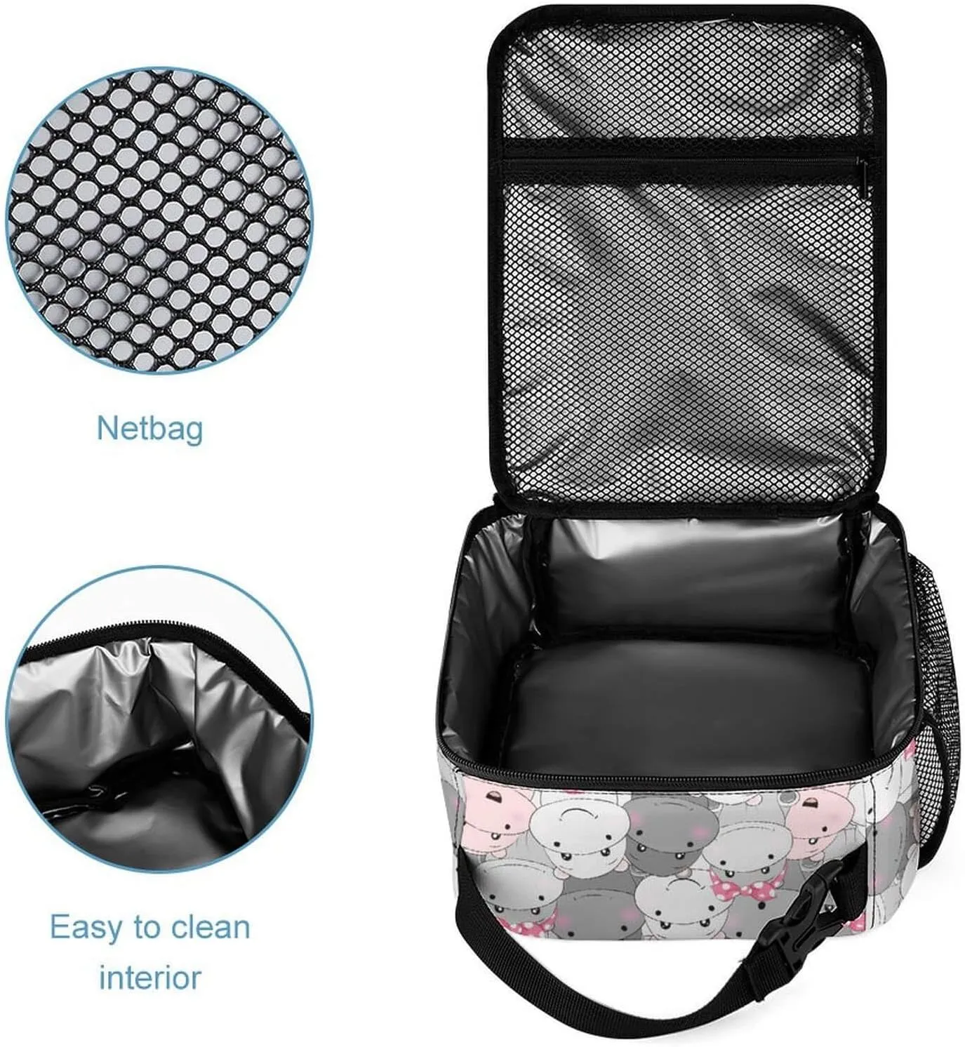 Hippo Backpack with Lunch Box & Pencil Case, 16 Inch Cute Hippo Themed Bookbag, Adjustable Lightweight Large Capacity, Colorful Hippo Backpack Set for Kids Girls Boys School