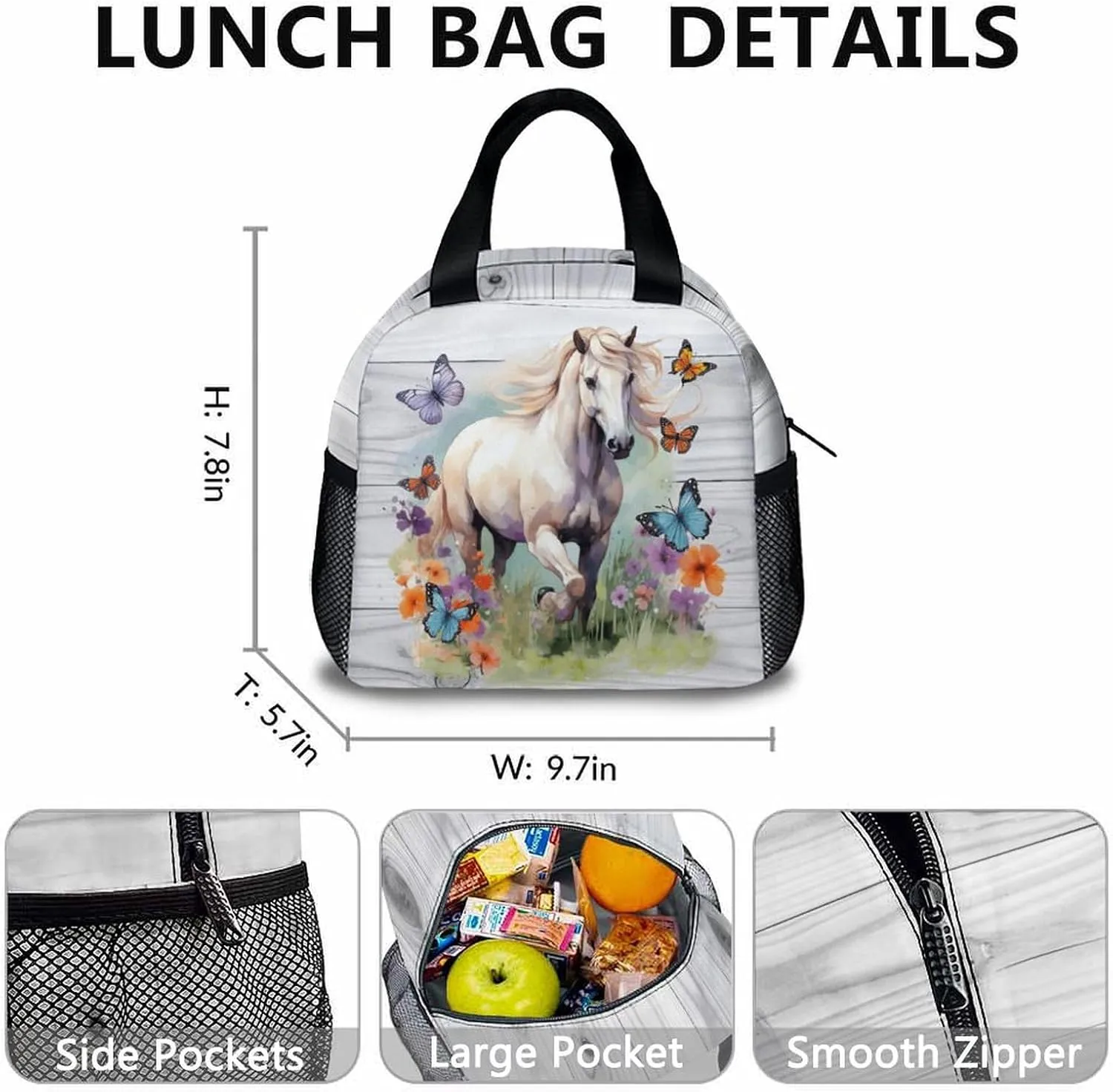 Horse Backpack with Lunch Box Set, 3 in 1 Kids School Backpacks Matching Combo for Girls, Horse Lovers, Animal Print School Bag and Pencil Case Bundle Gifts