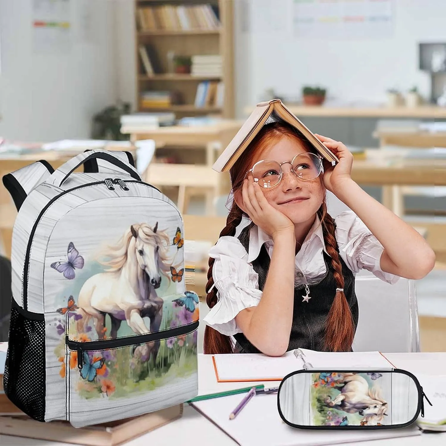 Horse Backpack with Lunch Box Set, 3 in 1 Kids School Backpacks Matching Combo for Girls, Horse Lovers, Animal Print School Bag and Pencil Case Bundle Gifts