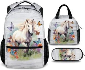 Horse Backpack with Lunch Box Set, 3 in 1 Kids School Backpacks Matching Combo for Girls, Horse Lovers, Animal Print School Bag and Pencil Case Bundle Gifts