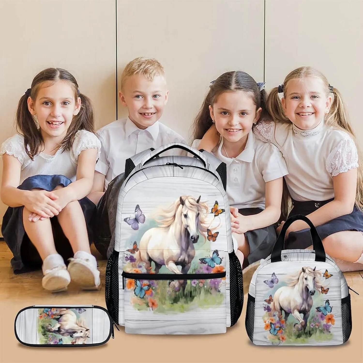 Horse Backpack with Lunch Box Set, 3 in 1 Kids School Backpacks Matching Combo for Girls, Horse Lovers, Animal Print School Bag and Pencil Case Bundle Gifts