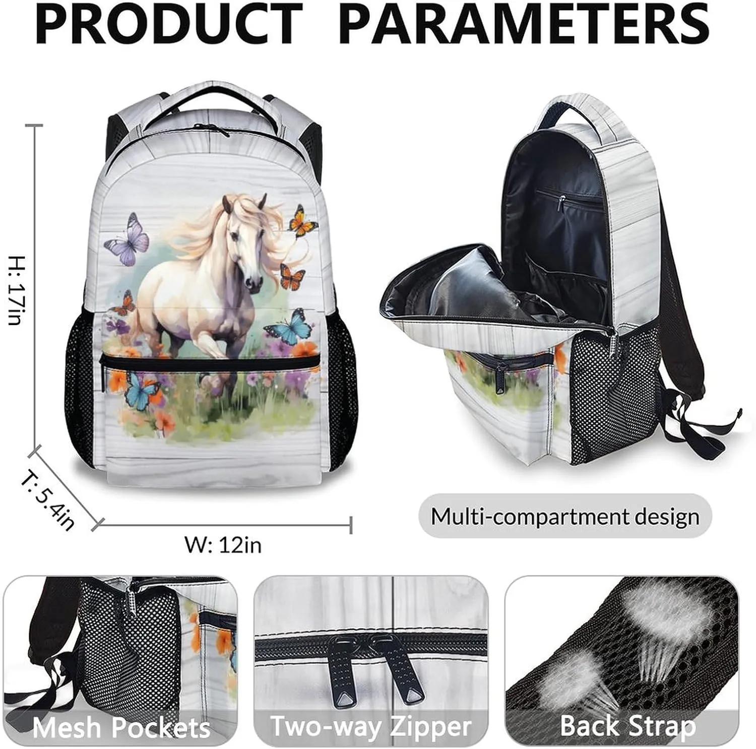 Horse Backpack with Lunch Box Set, 3 in 1 Kids School Backpacks Matching Combo for Girls, Horse Lovers, Animal Print School Bag and Pencil Case Bundle Gifts