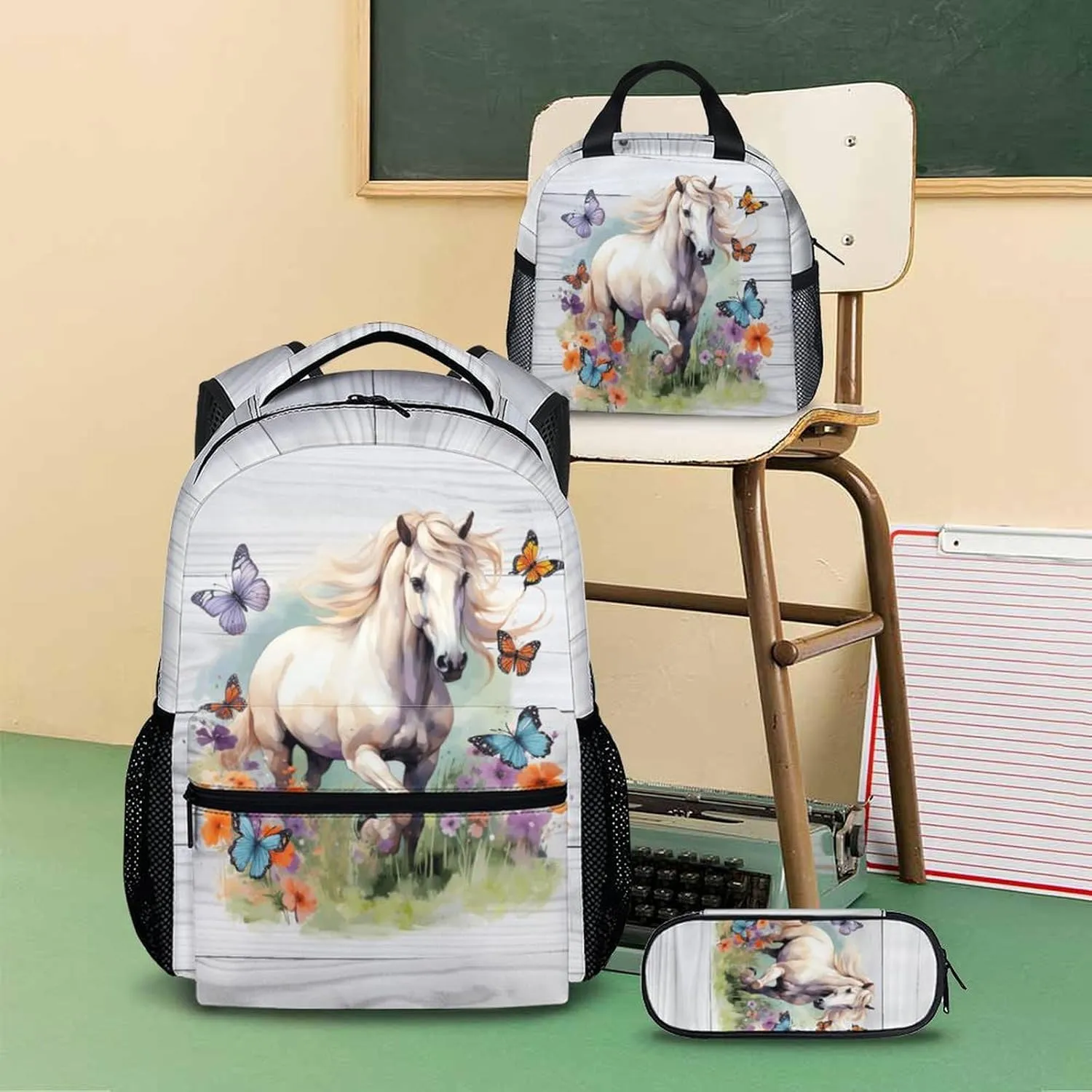 Horse Backpack with Lunch Box Set, 3 in 1 Kids School Backpacks Matching Combo for Girls, Horse Lovers, Animal Print School Bag and Pencil Case Bundle Gifts