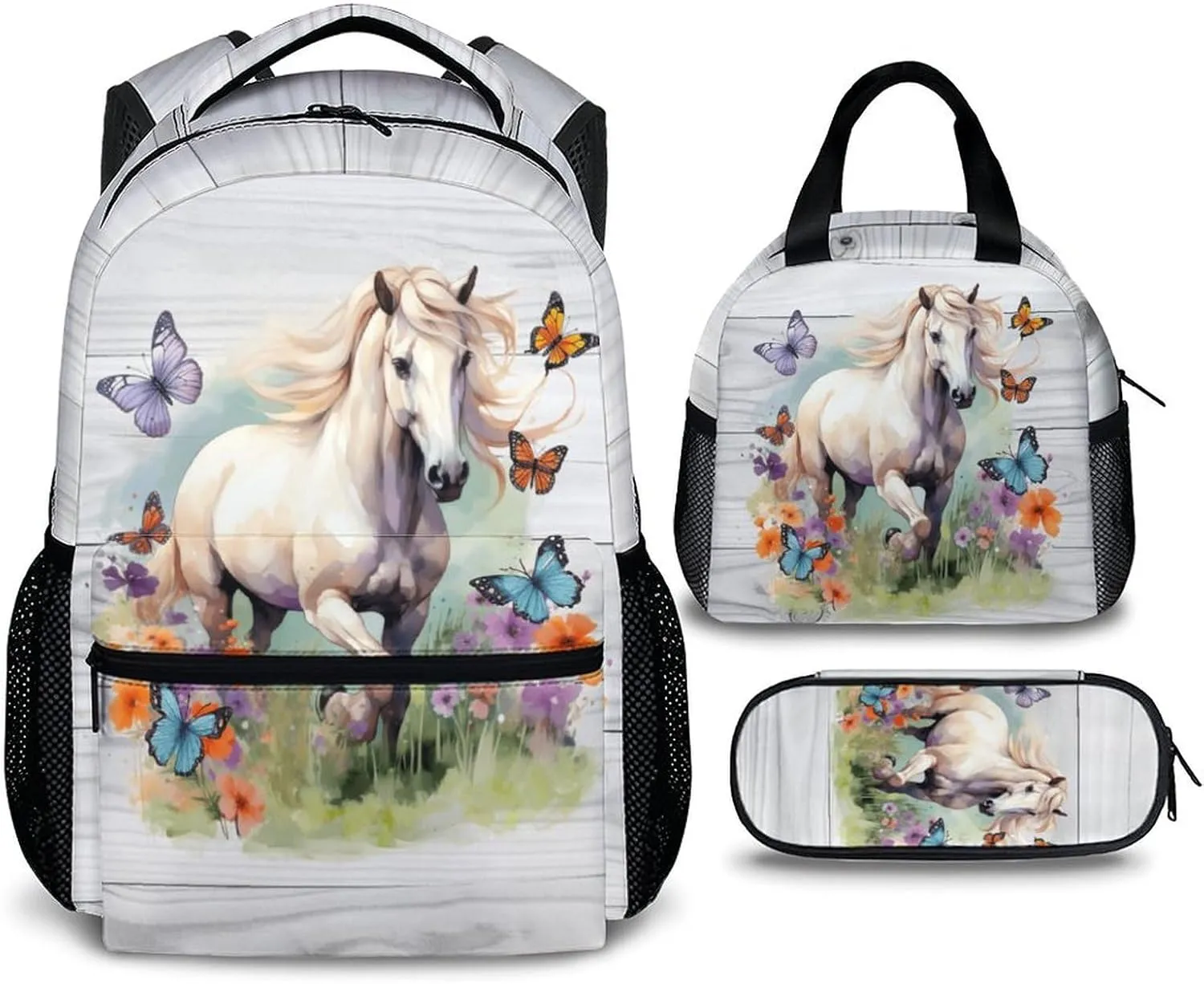 Horse Backpack with Lunch Box Set, 3 in 1 Kids School Backpacks Matching Combo for Girls, Horse Lovers, Animal Print School Bag and Pencil Case Bundle Gifts