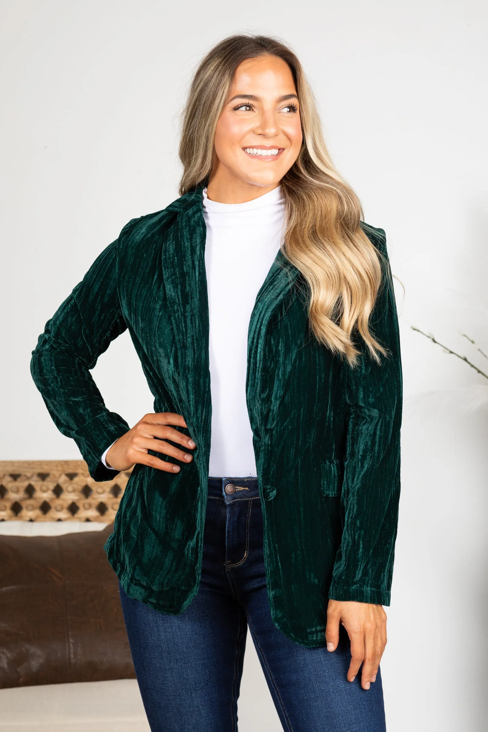 Hunter Green Crinkle Velvet Blazer