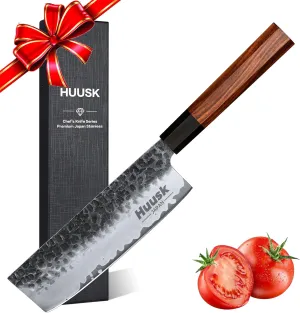 Huusk Knives from Japan, Nakiri Knife Japanese, 7 Inch Vegetable Cleaver, Hand Forged Kitchen Knives, High Carbon Steel Cooking Chef Knife with Gift Box, Multipurpose Asian Knife