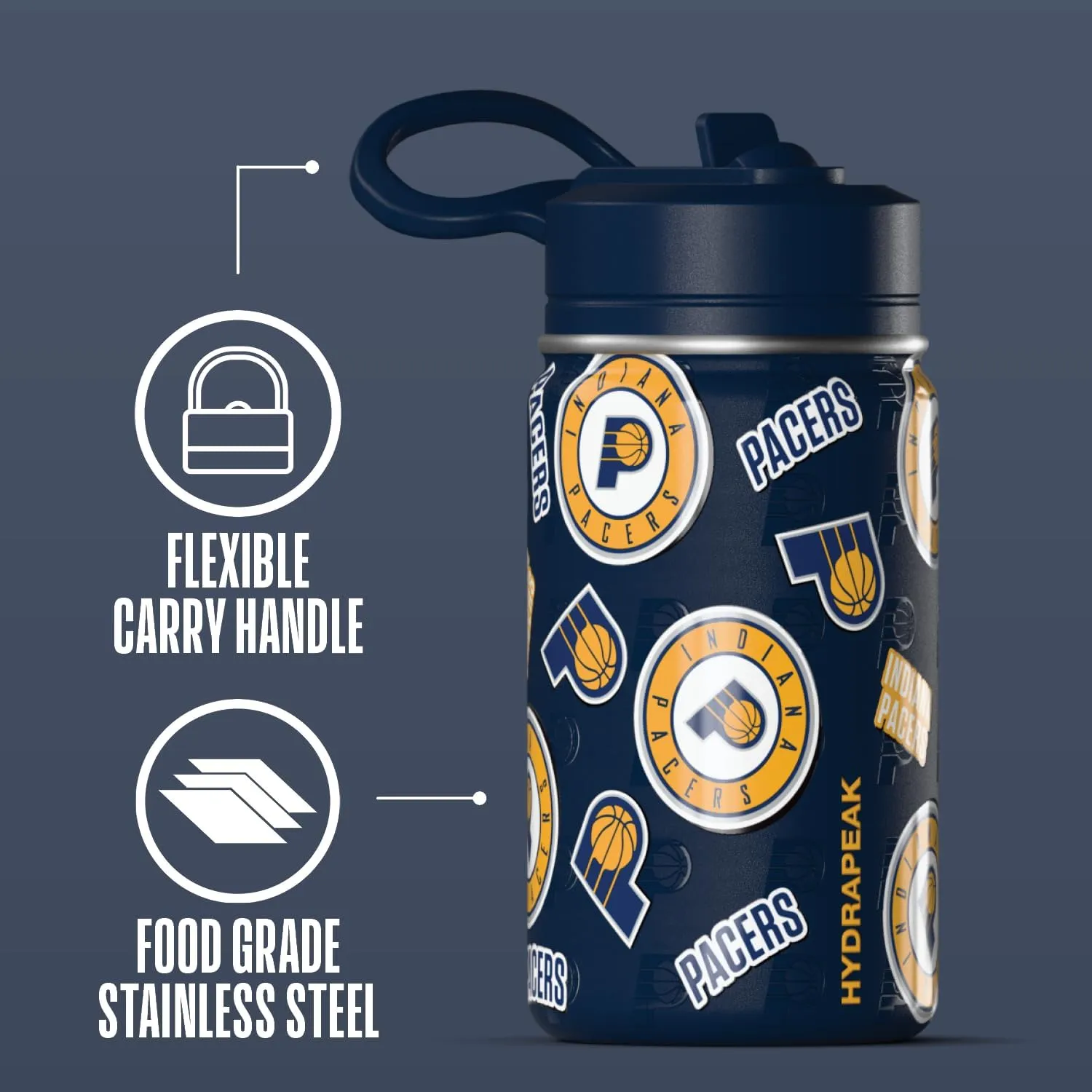Hydrapeak x NBA Officially Licensed Indiana Pacers 14oz Mini Kids Water Bottle with Straw Lid and Handle Reusable Stainless Steel Double Wall Insulated Spill Proof Sports Gift for Boys Girls