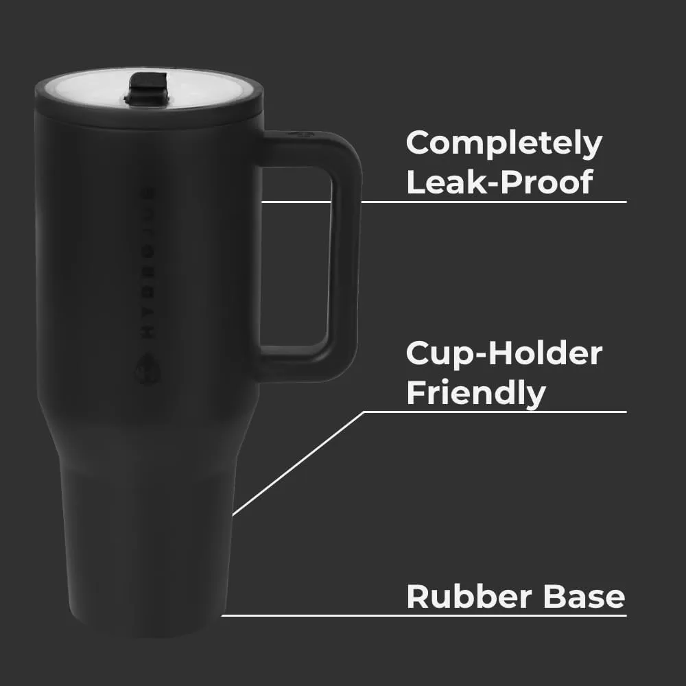 HydroJug Traveler - 32 oz Water Bottle with Handle & Flip Straw - Fits in Cup Holder, Leak Resistant Tumbler-Reusable Insulated Stainless Steel & Rubber Base - Gifts for Women & Men, Black