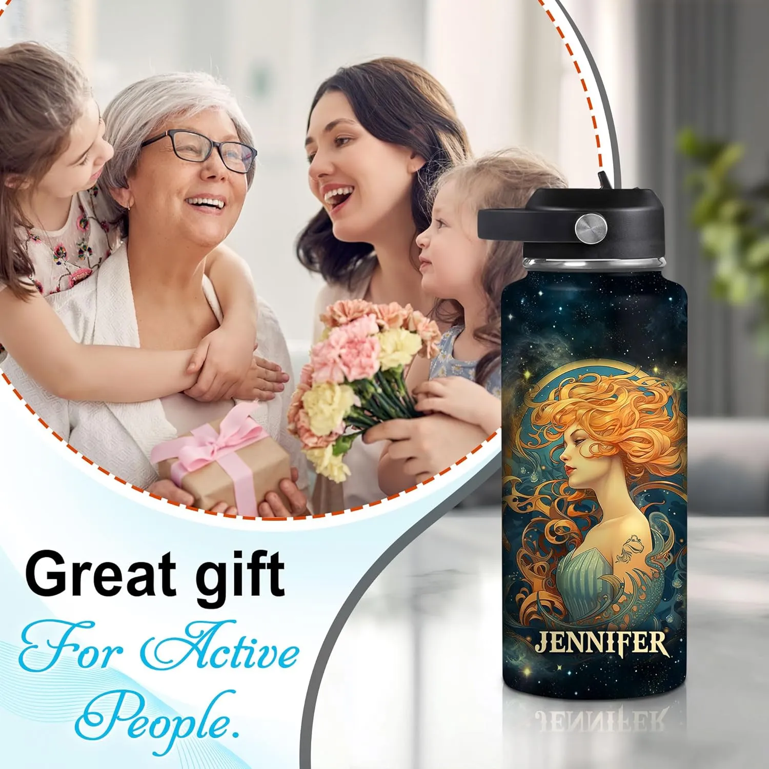 Hyturtle Personalized Aquarius Water Bottle - Travel Insulated Stainless Steel Bottle with Leak-Proof Lid 18oz 32oz - Aquarius Birthday Gift Zodiac Astrology for Women Girls - Constellation Gift