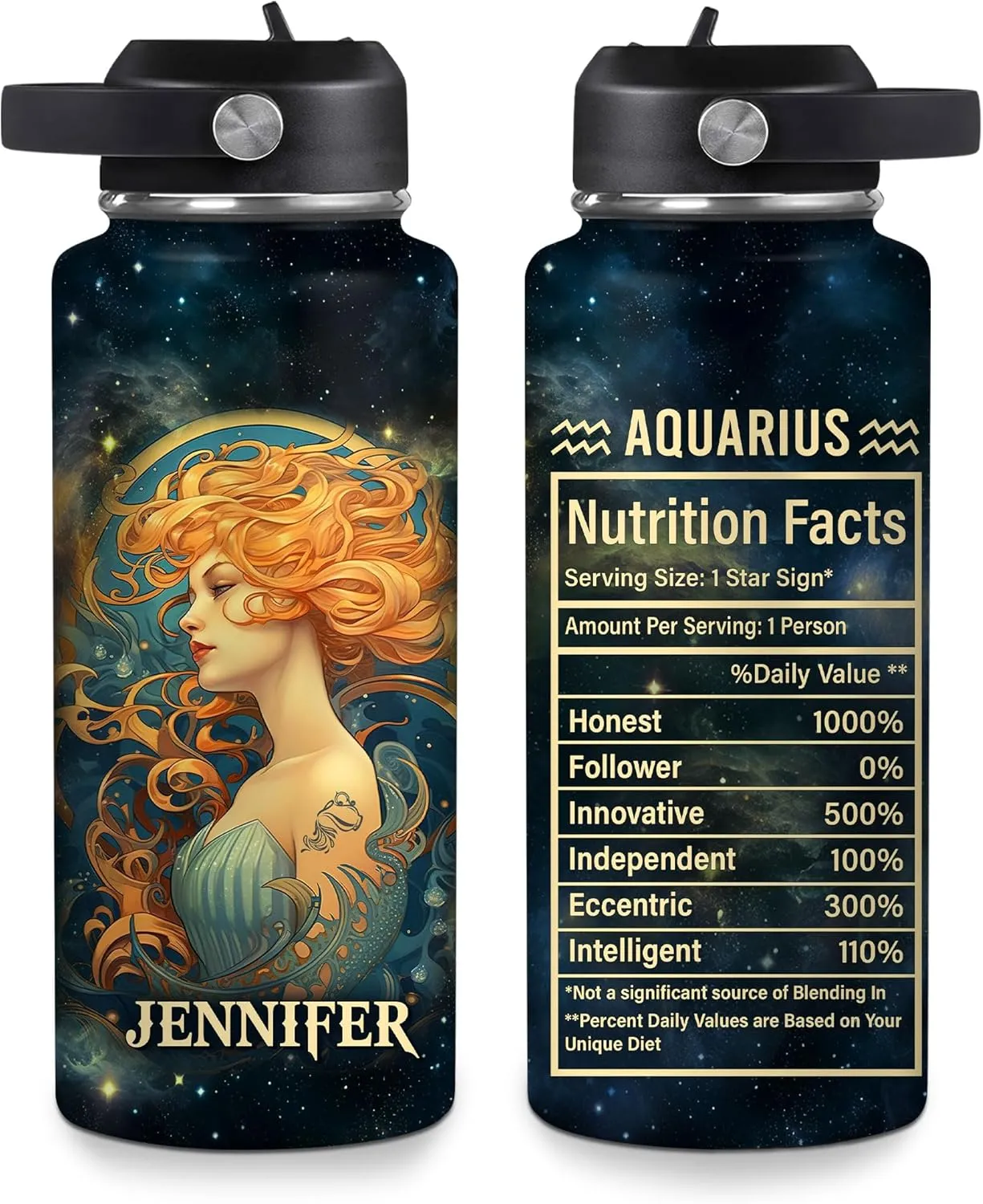 Hyturtle Personalized Aquarius Water Bottle - Travel Insulated Stainless Steel Bottle with Leak-Proof Lid 18oz 32oz - Aquarius Birthday Gift Zodiac Astrology for Women Girls - Constellation Gift