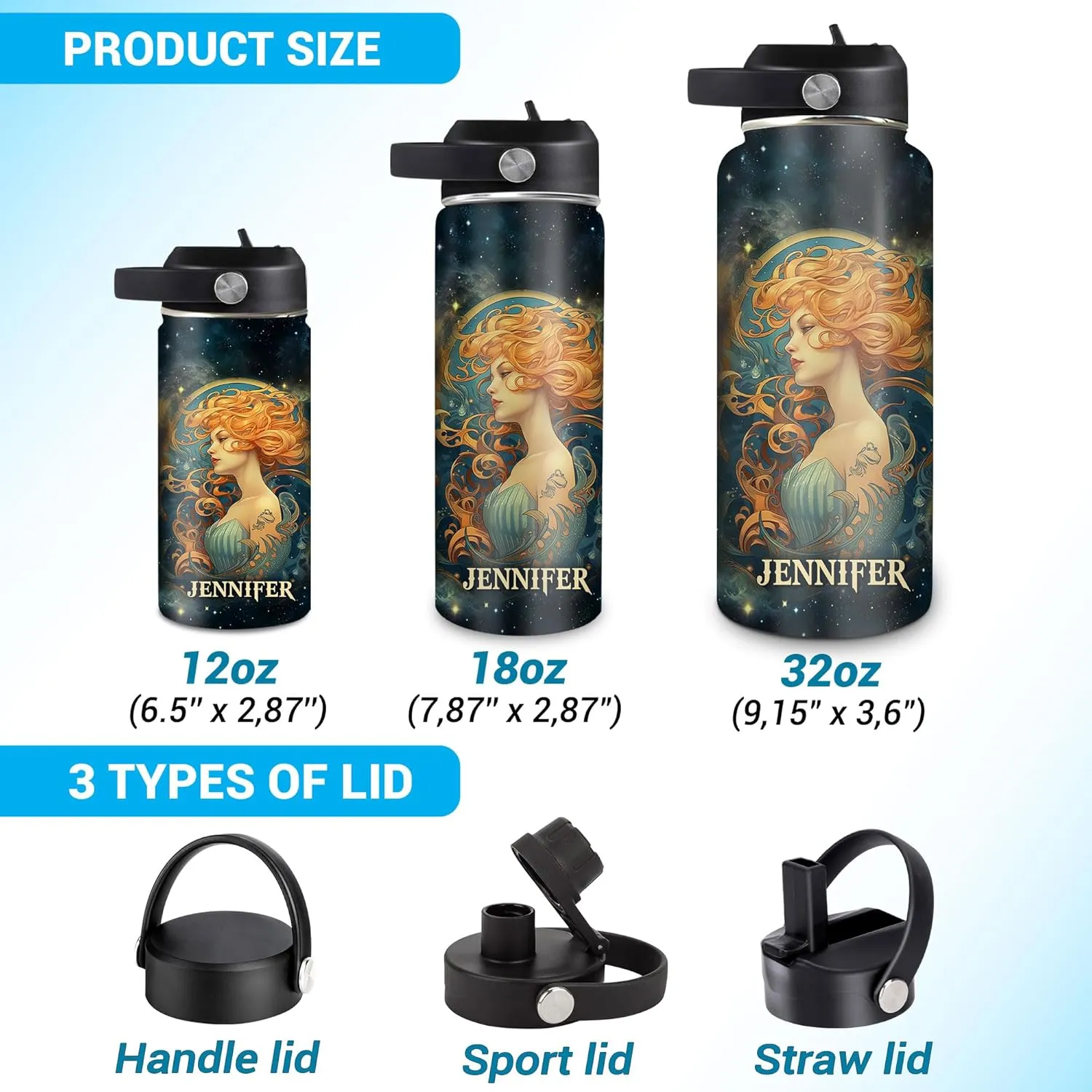 Hyturtle Personalized Aquarius Water Bottle - Travel Insulated Stainless Steel Bottle with Leak-Proof Lid 18oz 32oz - Aquarius Birthday Gift Zodiac Astrology for Women Girls - Constellation Gift