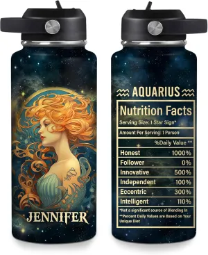 Hyturtle Personalized Aquarius Water Bottle - Travel Insulated Stainless Steel Bottle with Leak-Proof Lid 18oz 32oz - Aquarius Birthday Gift Zodiac Astrology for Women Girls - Constellation Gift