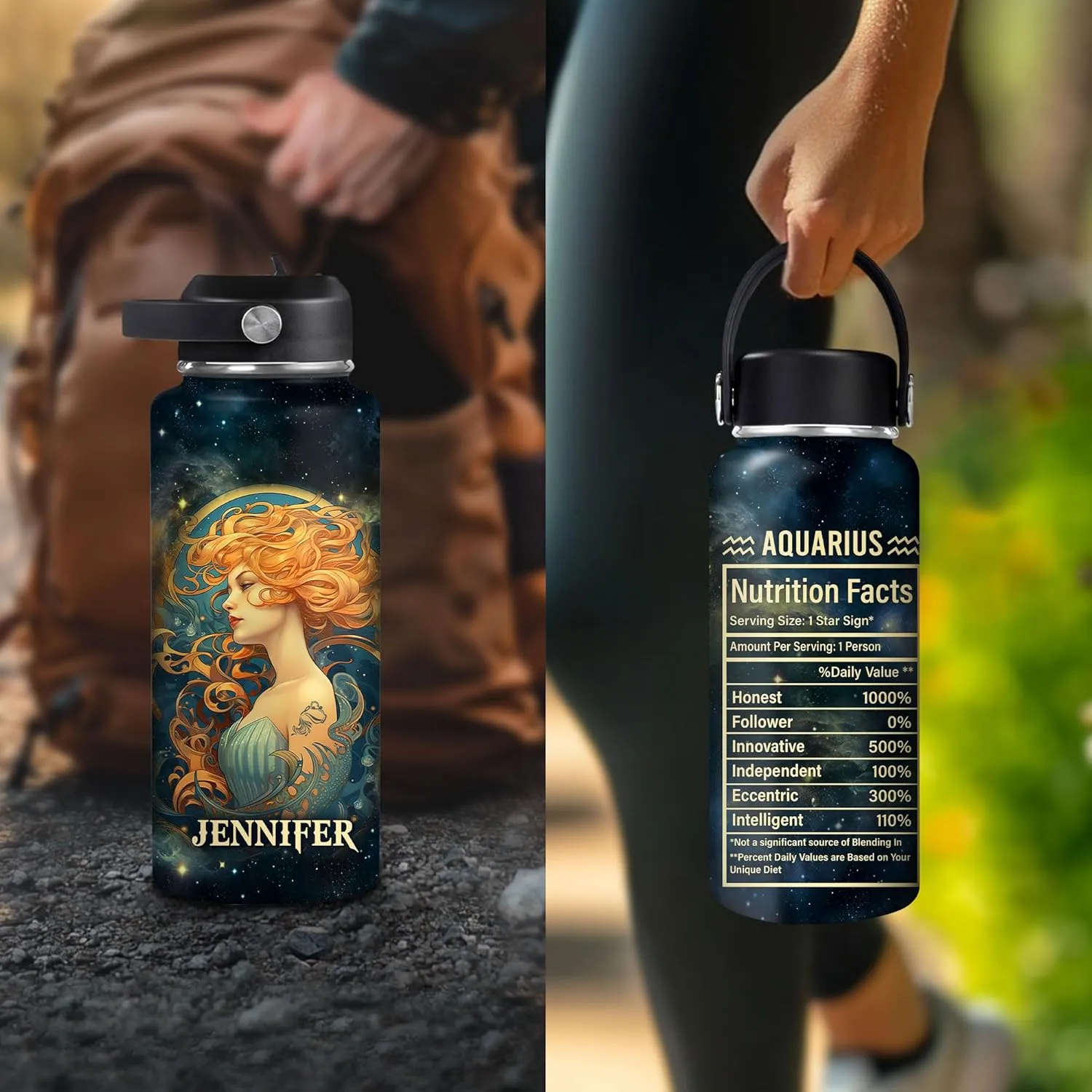 Hyturtle Personalized Aquarius Water Bottle - Travel Insulated Stainless Steel Bottle with Leak-Proof Lid 18oz 32oz - Aquarius Birthday Gift Zodiac Astrology for Women Girls - Constellation Gift