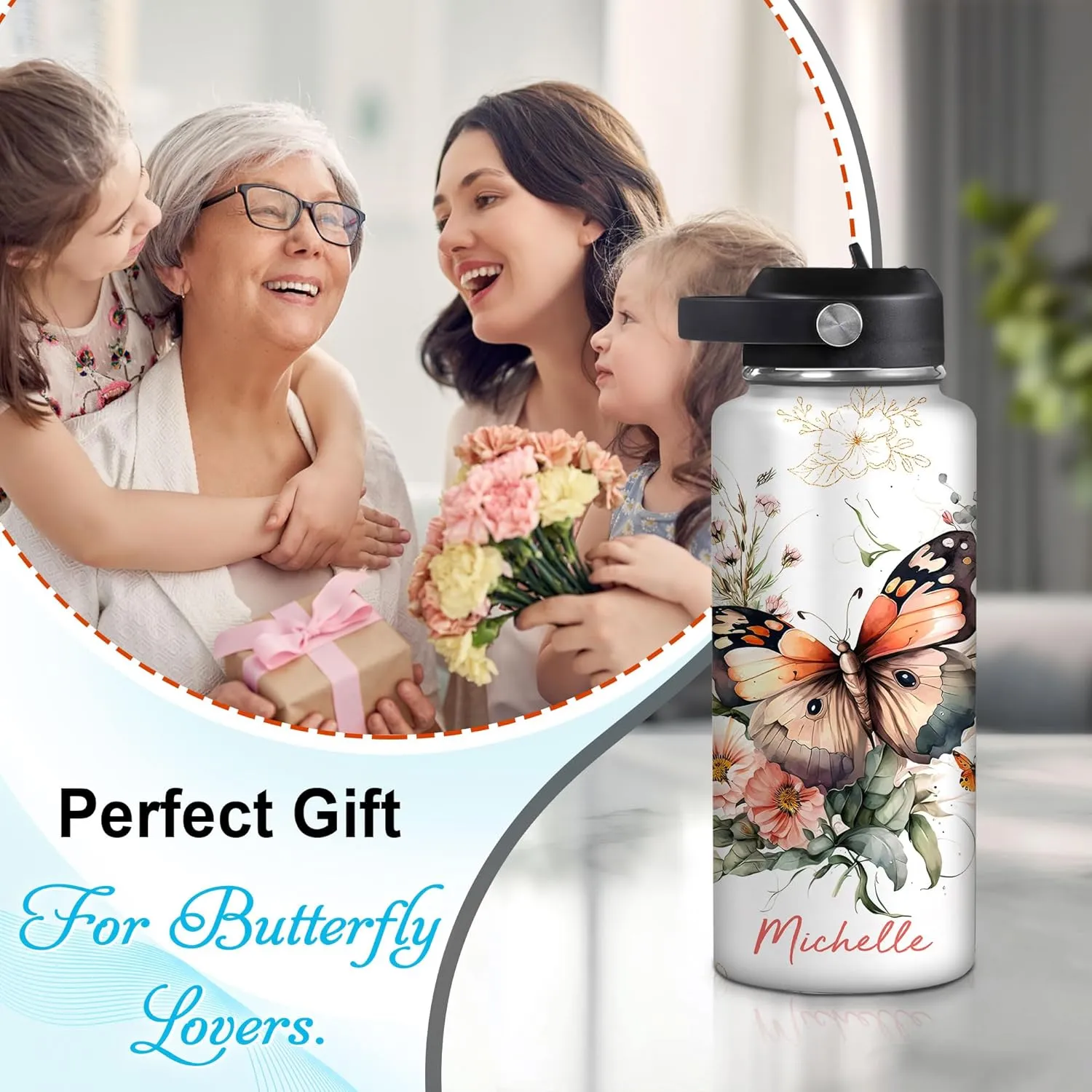 Hyturtle Personalized Butterfly Water Bottle - Custom Name Insulated Stainless Steel Bottle with Leak-Proof Lid 18oz 32oz - Animal Gift for Women Girls Butterfly Lovers - Birthday & Christmas Gift