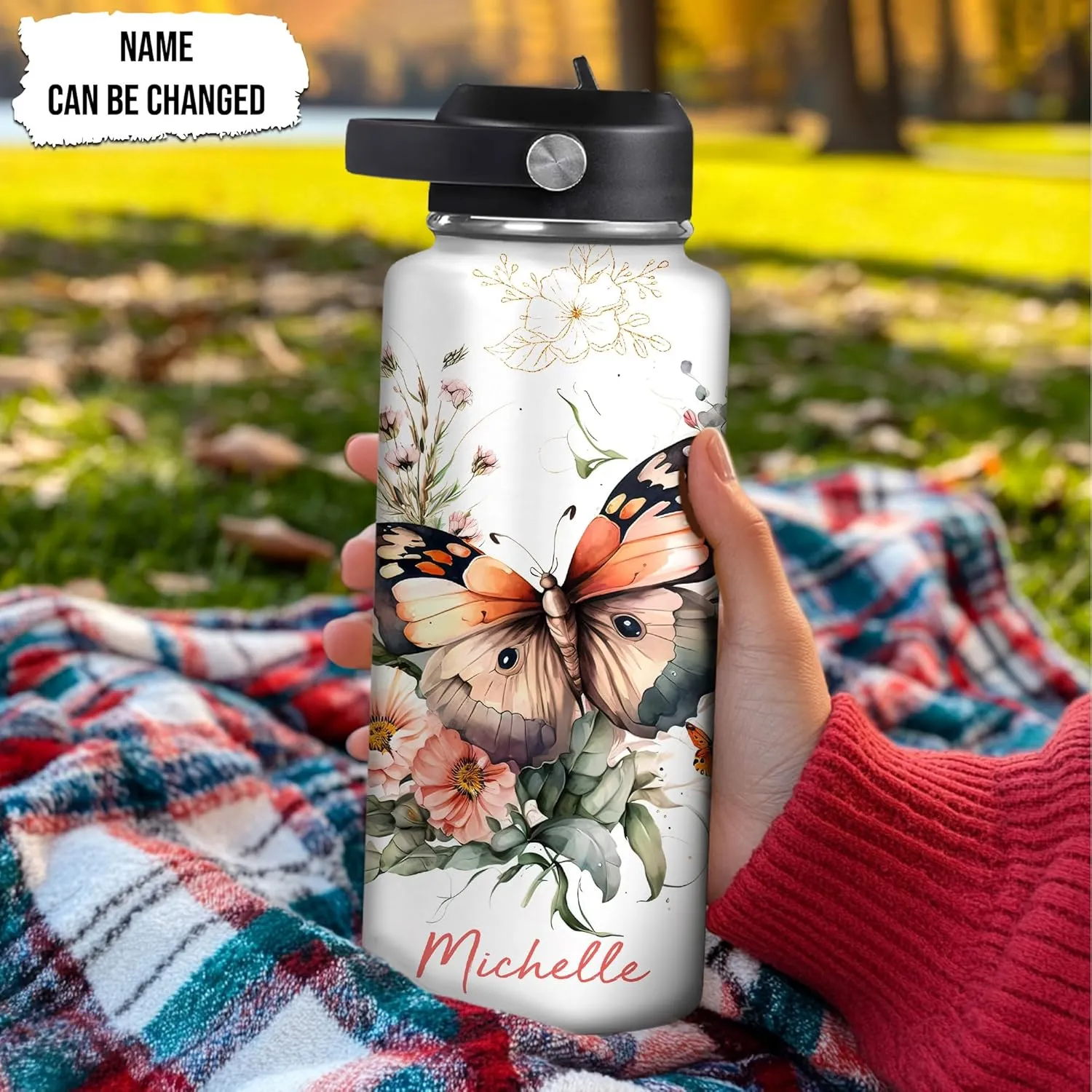 Hyturtle Personalized Butterfly Water Bottle - Custom Name Insulated Stainless Steel Bottle with Leak-Proof Lid 18oz 32oz - Animal Gift for Women Girls Butterfly Lovers - Birthday & Christmas Gift