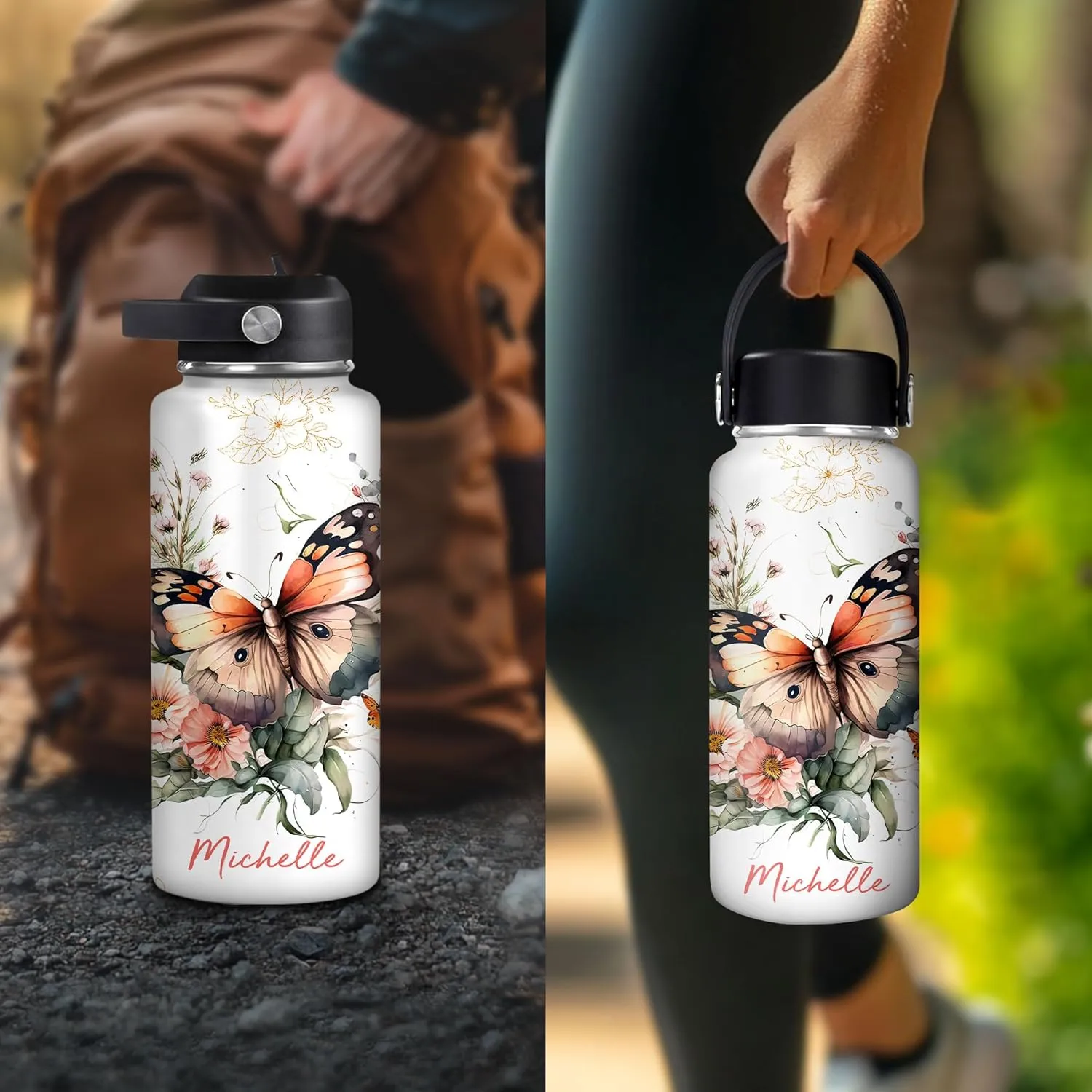 Hyturtle Personalized Butterfly Water Bottle - Custom Name Insulated Stainless Steel Bottle with Leak-Proof Lid 18oz 32oz - Animal Gift for Women Girls Butterfly Lovers - Birthday & Christmas Gift