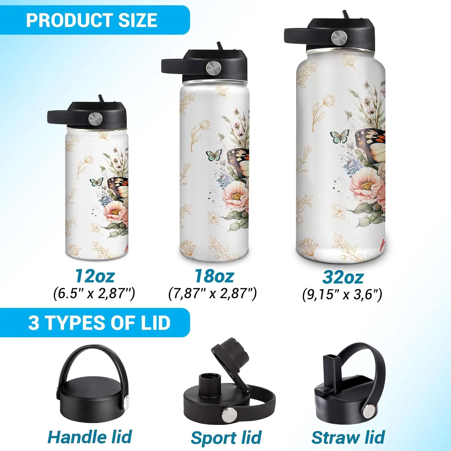 Hyturtle Personalized Butterfly Water Bottle - Custom Name Insulated Stainless Steel Bottle with Leak-Proof Lid 18oz 32oz - Animal Gift for Women Girls Butterfly Lovers - Birthday & Christmas Gift