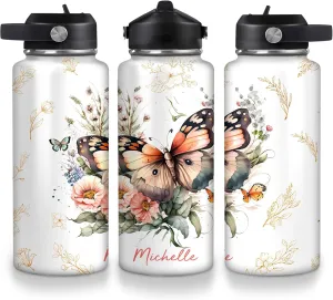 Hyturtle Personalized Butterfly Water Bottle - Custom Name Insulated Stainless Steel Bottle with Leak-Proof Lid 18oz 32oz - Animal Gift for Women Girls Butterfly Lovers - Birthday & Christmas Gift