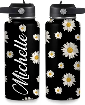 Hyturtle Personalized Gifts For Daisy Flower Lover - White Daisy Flower Print Custom Name Stainless Steel Water Bottle 12oz 18oz 32oz Stainless Steel Bottle With Straw Lid - Gifts For Her Women Girl