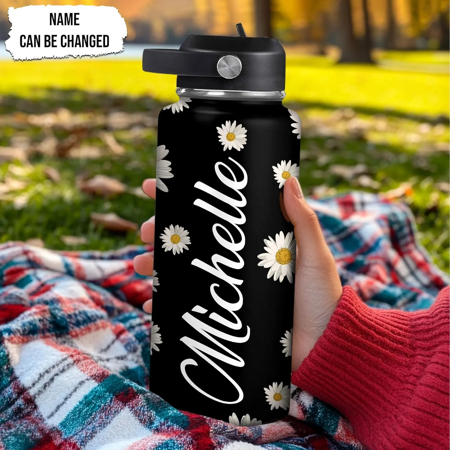 Hyturtle Personalized Gifts For Daisy Flower Lover - White Daisy Flower Print Custom Name Stainless Steel Water Bottle 12oz 18oz 32oz Stainless Steel Bottle With Straw Lid - Gifts For Her Women Girl