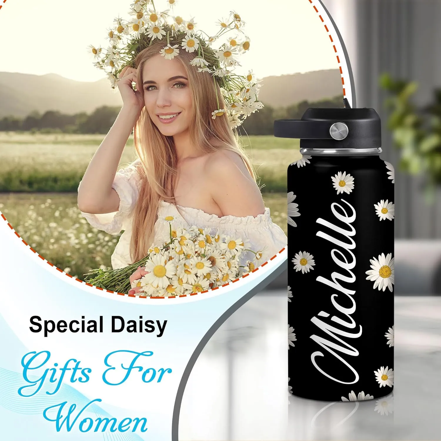 Hyturtle Personalized Gifts For Daisy Flower Lover - White Daisy Flower Print Custom Name Stainless Steel Water Bottle 12oz 18oz 32oz Stainless Steel Bottle With Straw Lid - Gifts For Her Women Girl