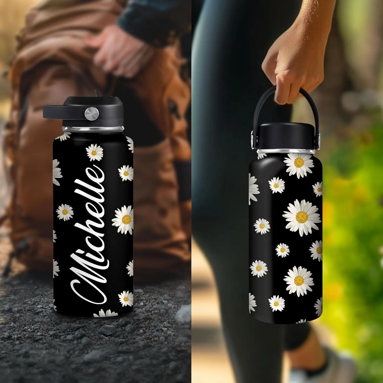 Hyturtle Personalized Gifts For Daisy Flower Lover - White Daisy Flower Print Custom Name Stainless Steel Water Bottle 12oz 18oz 32oz Stainless Steel Bottle With Straw Lid - Gifts For Her Women Girl
