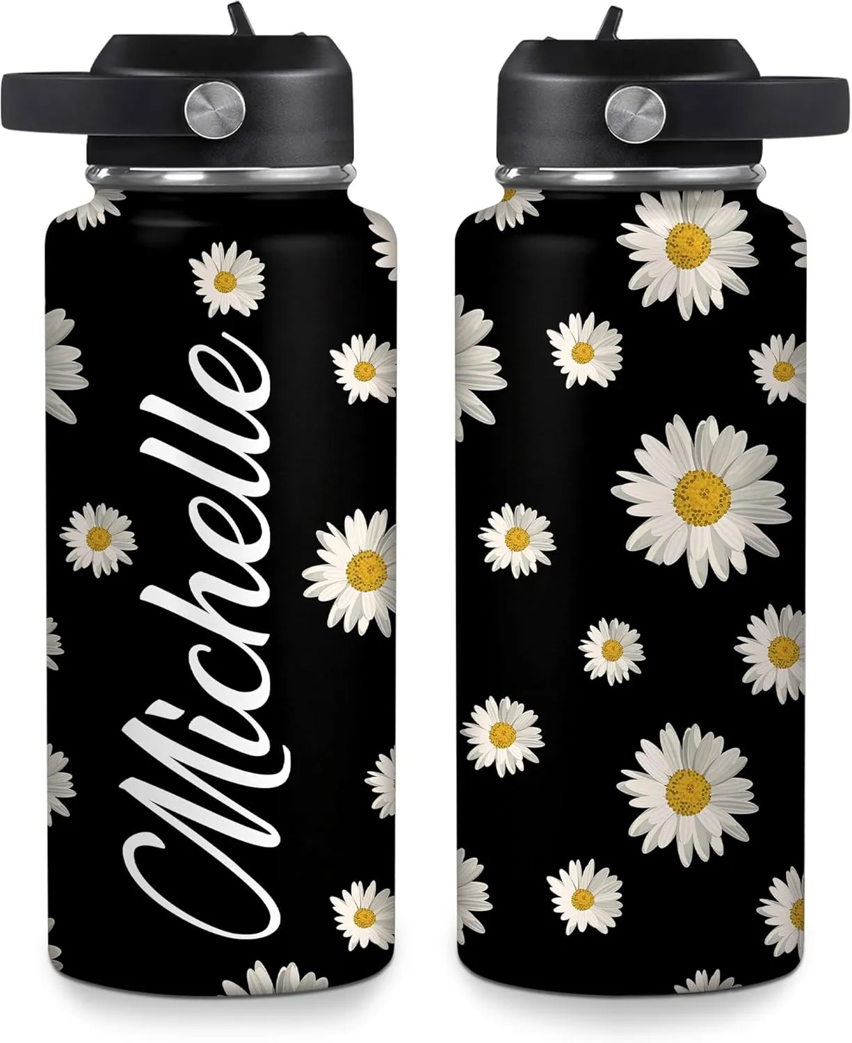 Hyturtle Personalized Gifts For Daisy Flower Lover - White Daisy Flower Print Custom Name Stainless Steel Water Bottle 12oz 18oz 32oz Stainless Steel Bottle With Straw Lid - Gifts For Her Women Girl