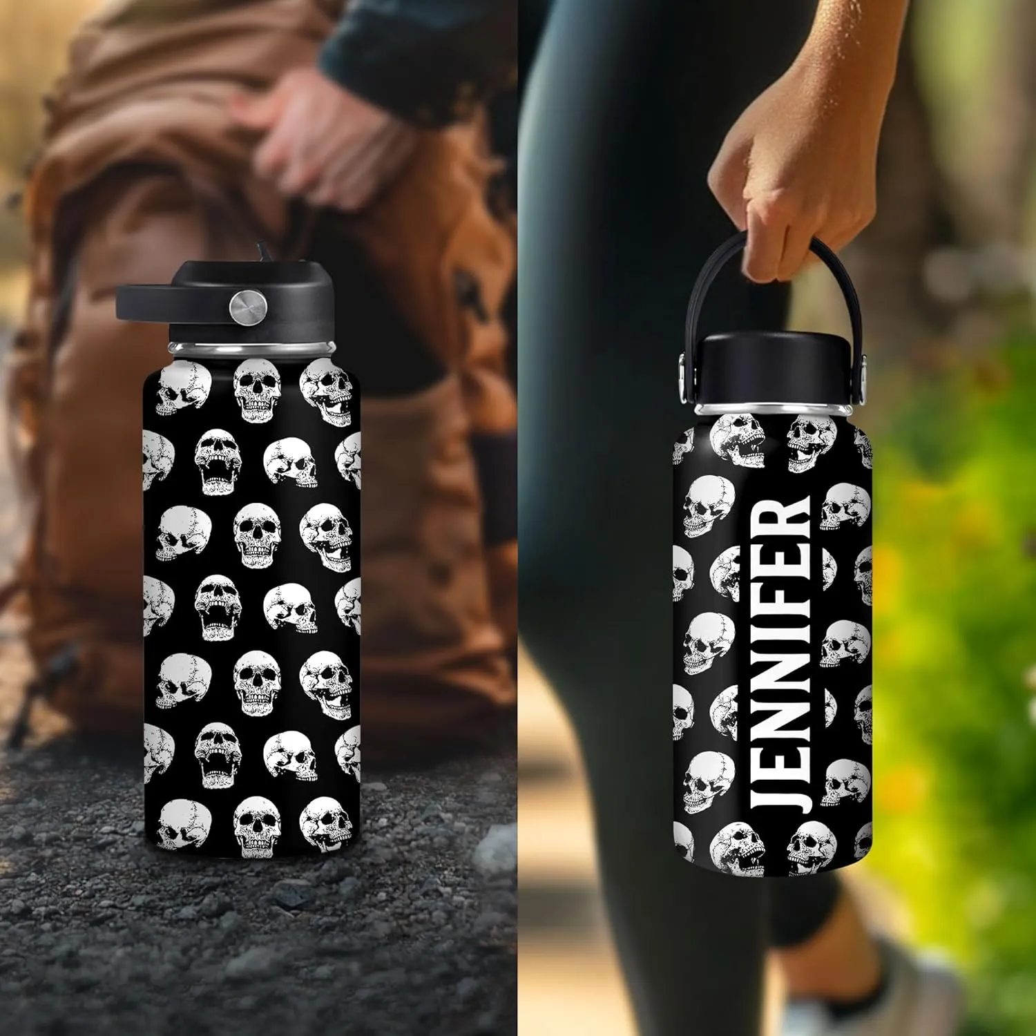 Hyturtle Personalized Skull Water Bottle - Travel Insulated Stainless Steel Bottle with Leak-Proof Lid 18oz 32oz - Custom Name Skull Gift for Women Girls Skull Lovers- Birthday, Christmas Gift