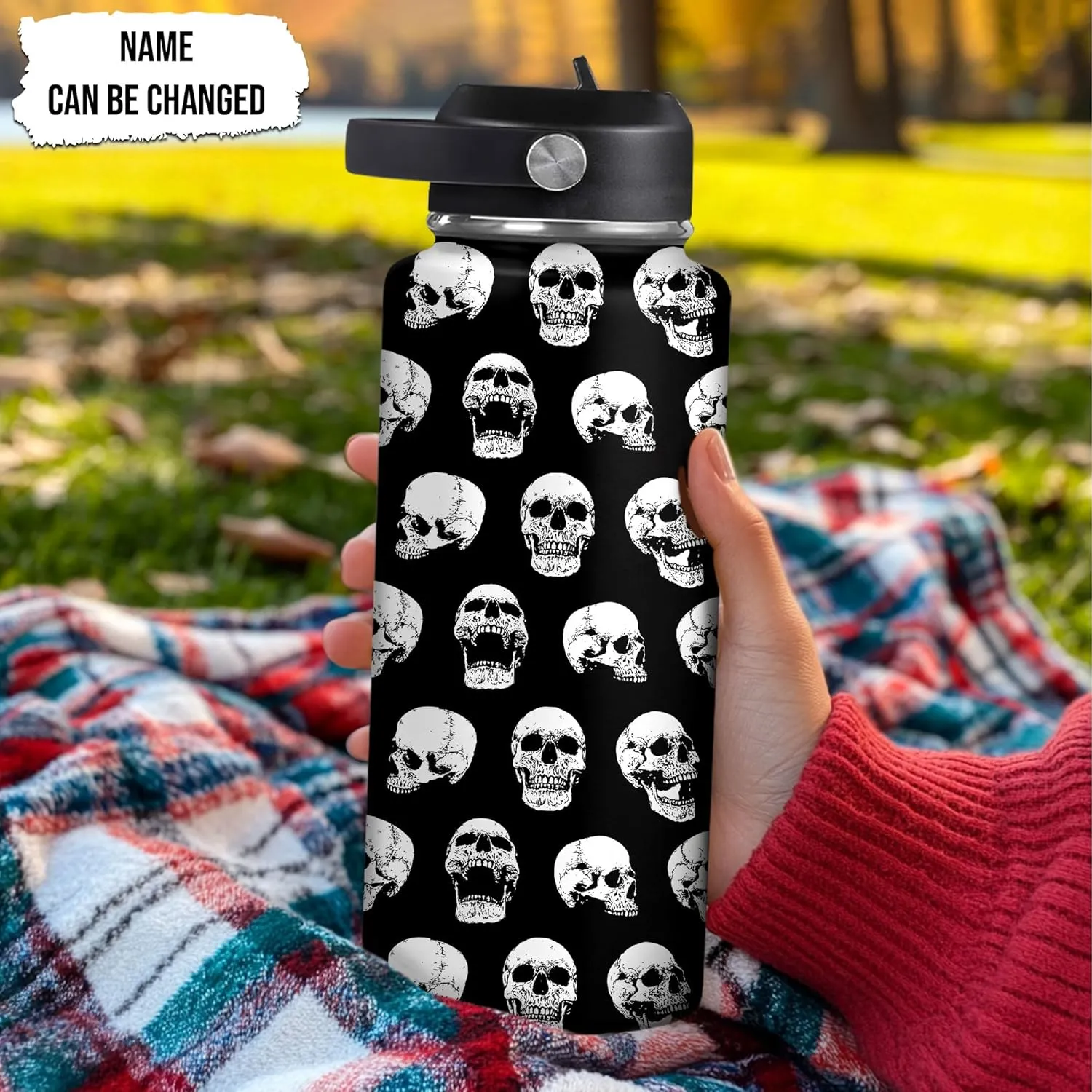 Hyturtle Personalized Skull Water Bottle - Travel Insulated Stainless Steel Bottle with Leak-Proof Lid 18oz 32oz - Custom Name Skull Gift for Women Girls Skull Lovers- Birthday, Christmas Gift