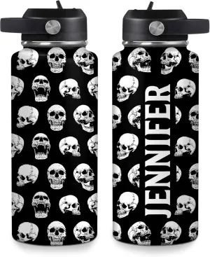 Hyturtle Personalized Skull Water Bottle - Travel Insulated Stainless Steel Bottle with Leak-Proof Lid 18oz 32oz - Custom Name Skull Gift for Women Girls Skull Lovers- Birthday, Christmas Gift