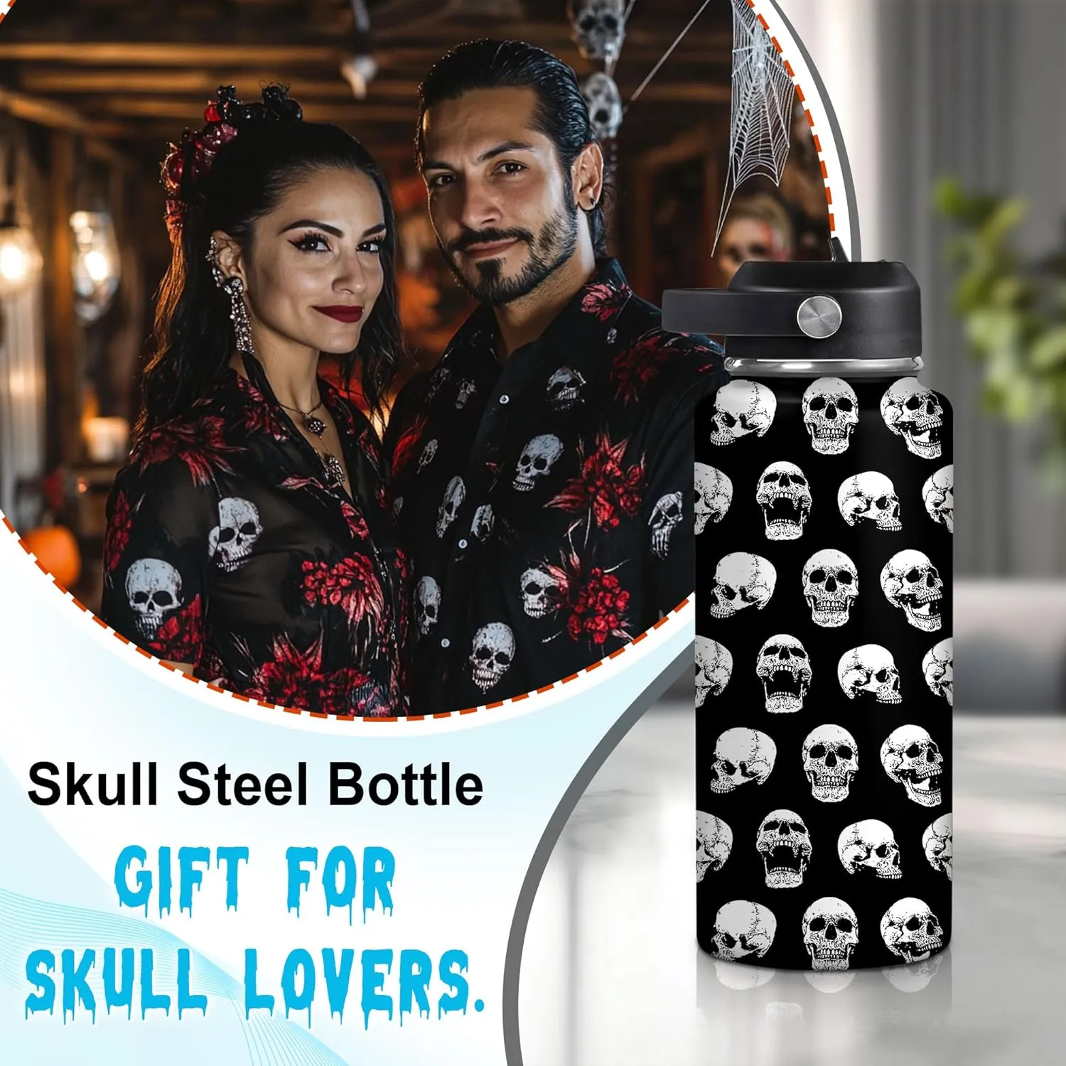 Hyturtle Personalized Skull Water Bottle - Travel Insulated Stainless Steel Bottle with Leak-Proof Lid 18oz 32oz - Custom Name Skull Gift for Women Girls Skull Lovers- Birthday, Christmas Gift