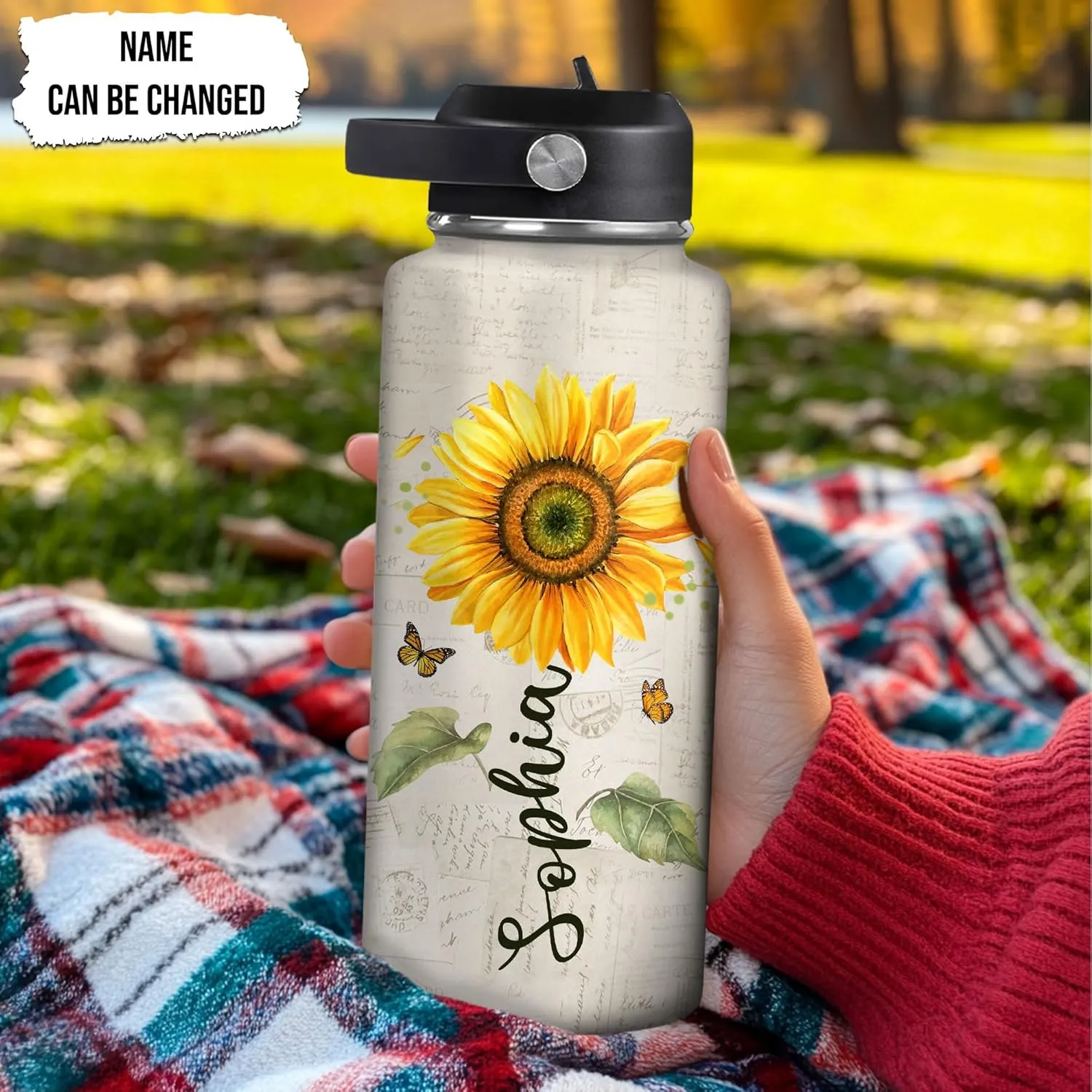 Hyturtle Personalized Sunflower Water Bottle - Travel Insulated Stainless Steel Bottle with Leak-Proof Lid 18oz 32oz - Sunflower Gift for Women, Girls, Sunflower Lovers - Birthday & Christmas Gift