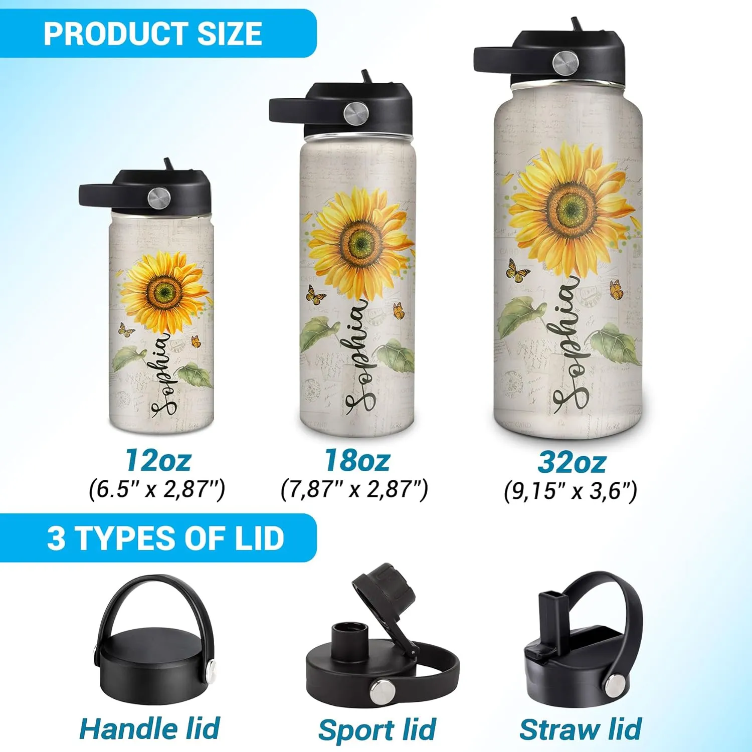 Hyturtle Personalized Sunflower Water Bottle - Travel Insulated Stainless Steel Bottle with Leak-Proof Lid 18oz 32oz - Sunflower Gift for Women, Girls, Sunflower Lovers - Birthday & Christmas Gift