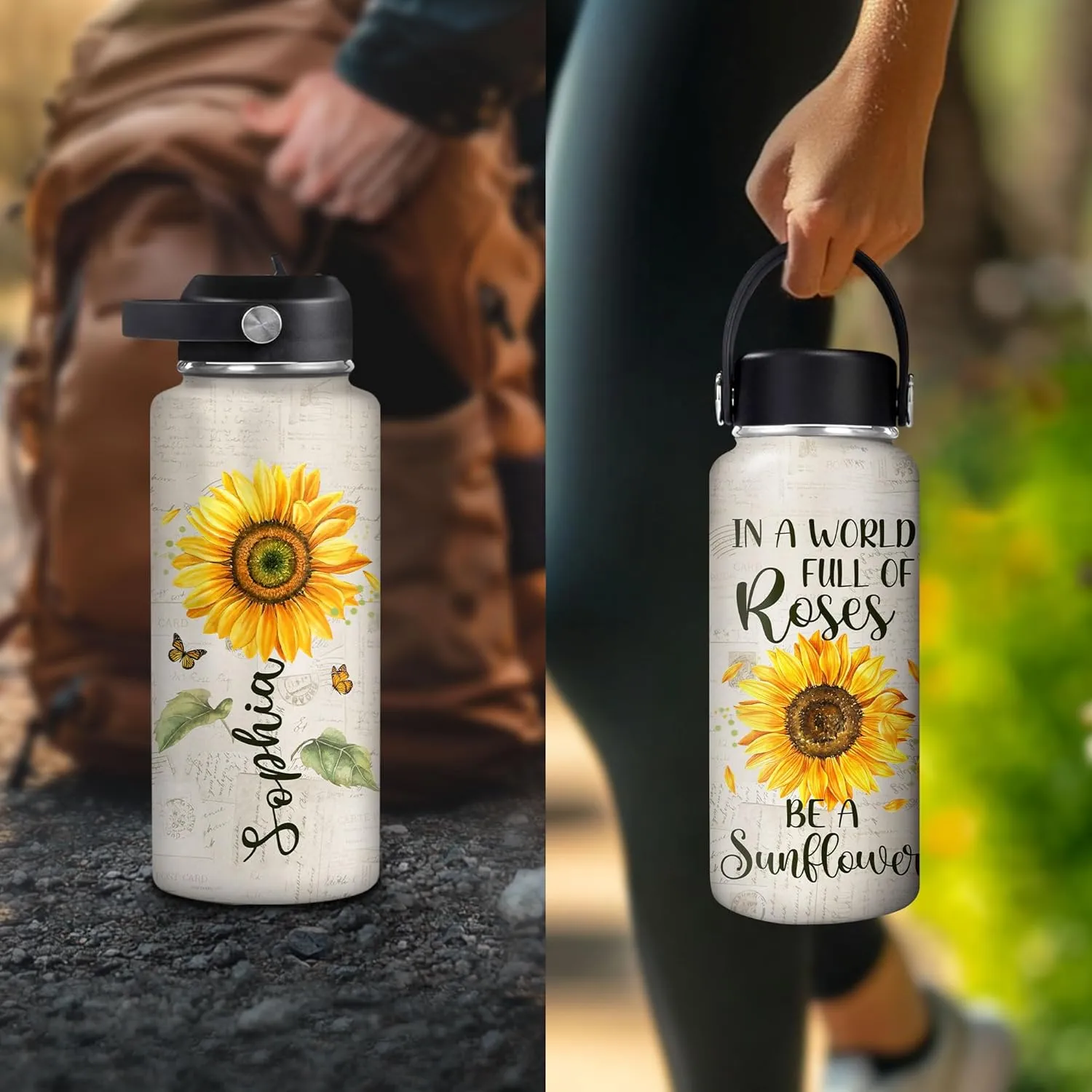 Hyturtle Personalized Sunflower Water Bottle - Travel Insulated Stainless Steel Bottle with Leak-Proof Lid 18oz 32oz - Sunflower Gift for Women, Girls, Sunflower Lovers - Birthday & Christmas Gift