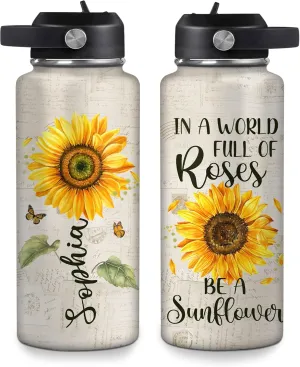 Hyturtle Personalized Sunflower Water Bottle - Travel Insulated Stainless Steel Bottle with Leak-Proof Lid 18oz 32oz - Sunflower Gift for Women, Girls, Sunflower Lovers - Birthday & Christmas Gift