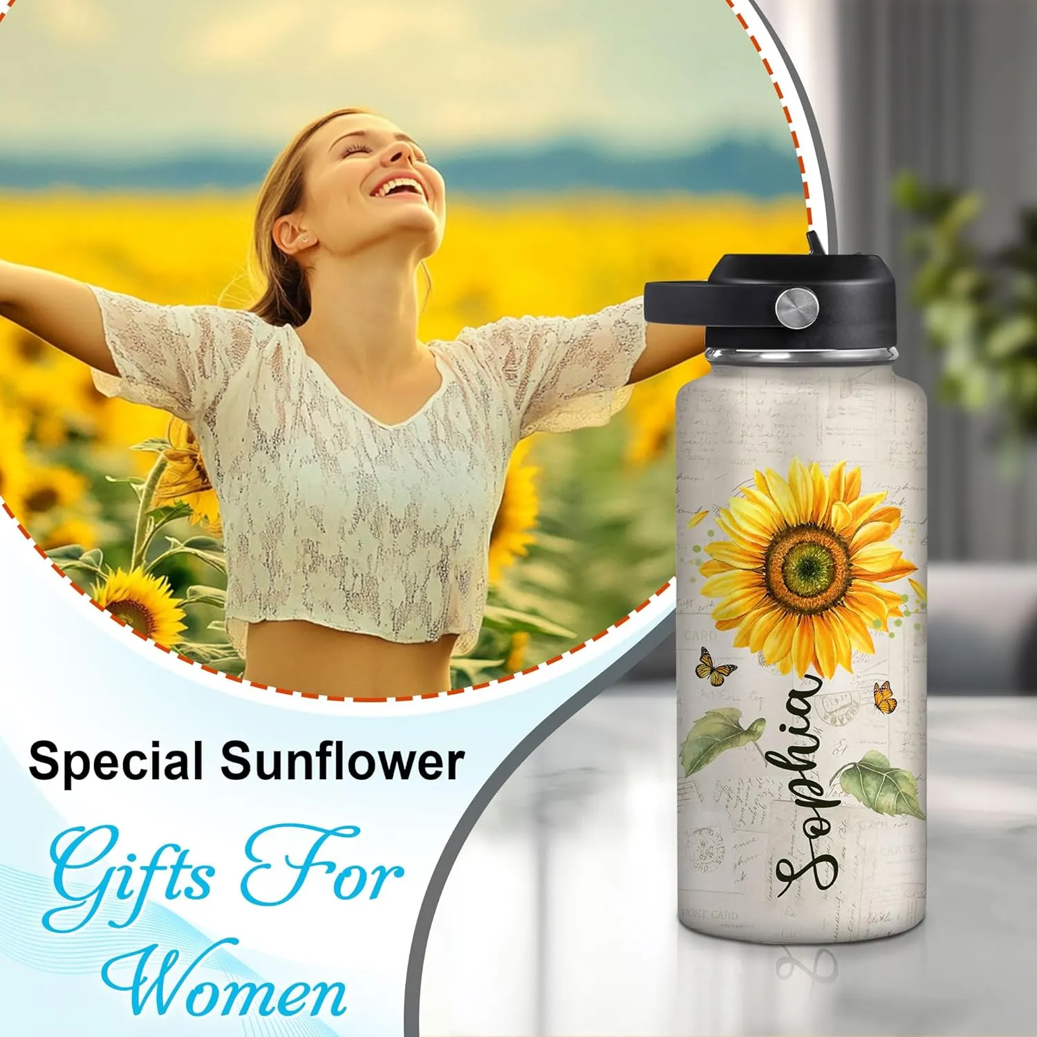 Hyturtle Personalized Sunflower Water Bottle - Travel Insulated Stainless Steel Bottle with Leak-Proof Lid 18oz 32oz - Sunflower Gift for Women, Girls, Sunflower Lovers - Birthday & Christmas Gift