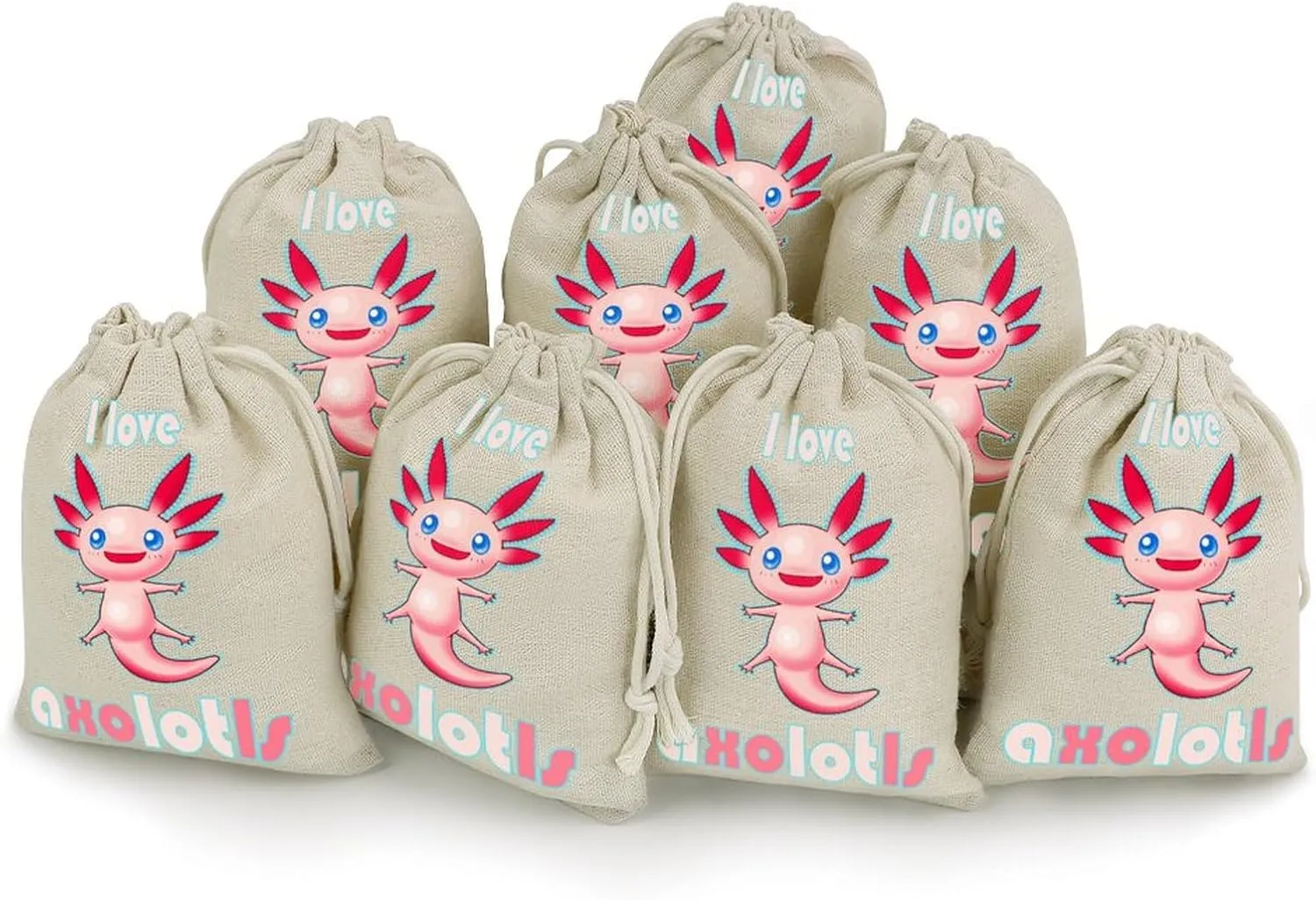 I Love Axolotl Cute Tag Drawstring Gift Bags 8 Sets Pockets DIY Jewelry Storage Pouches Wedding Party