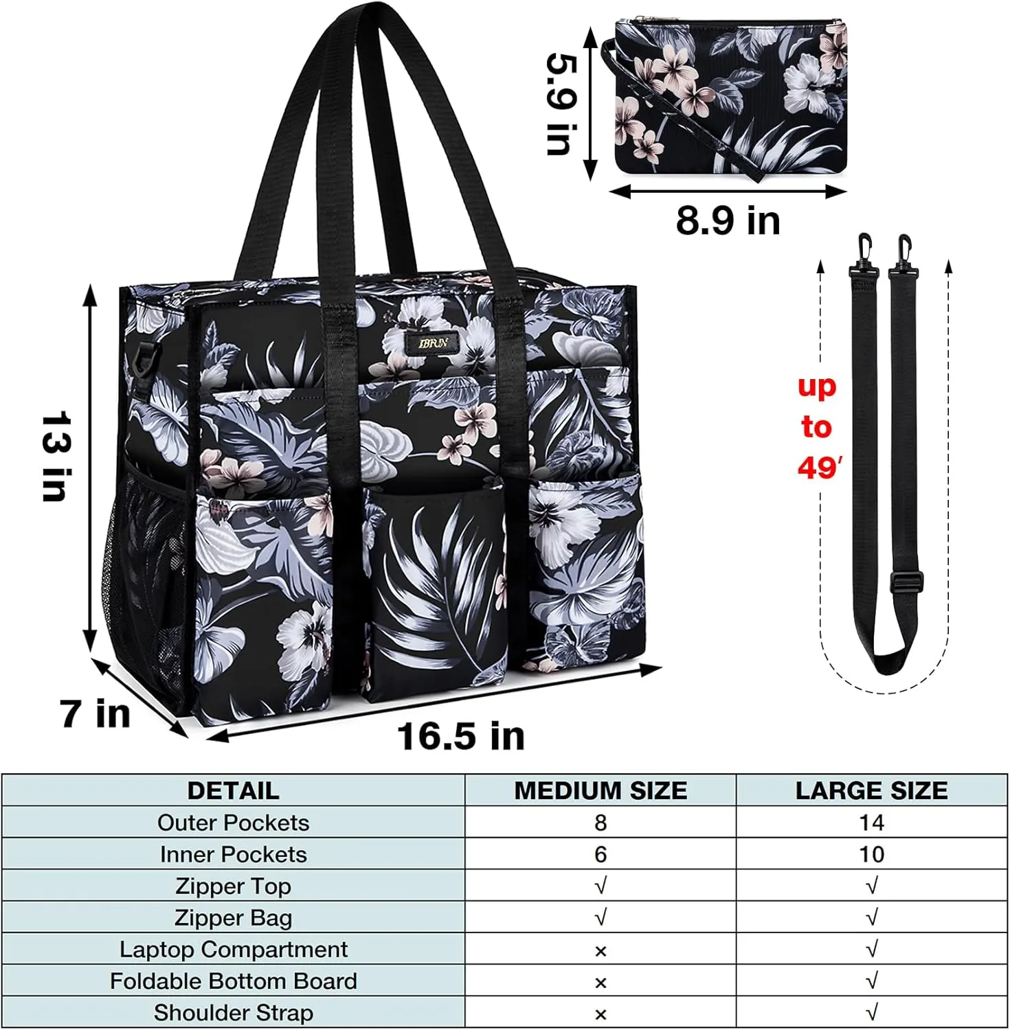 IBFUN Utility Tote Bag with 14/24 Pockets Zip Top Teacher Tote Bag for Teacher/Work Women