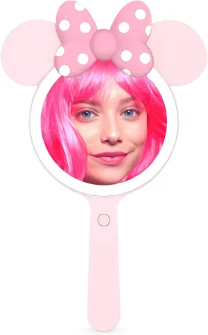 Impressions Vanity Minnie Mouse LED Handheld Makeup Mirror, Travel Vanity Mirror with Light, Adjustable Brightness, Minnie Mouse Shape Pink Silhouette with Pink Polka Dot Bow Design