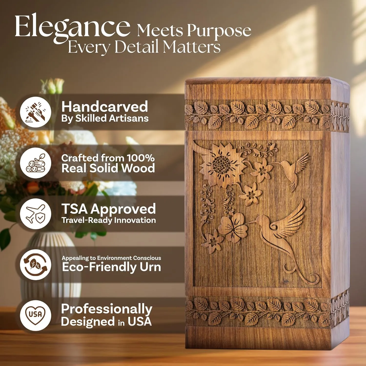 INTAJ Handcarved Rosewood Hummingbird Keepsake Urn for Human Ashes - Mini 20 lbs Capacity Floral Wooden Cremation Urn Box for Sharing or Infant - Decorative Memorial Casket Secure TSA Approved